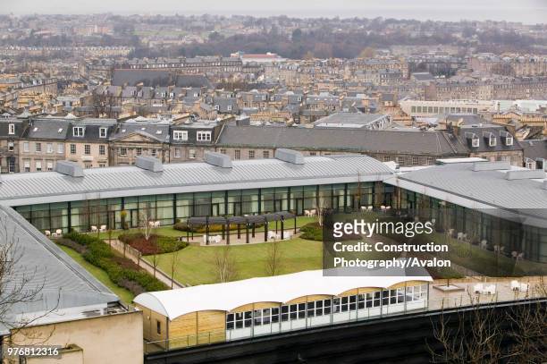 An architect designed modern building with a grass roof just off Princes Street in Edinburgh Scotland UK Incorporating a green roof on buildings can...