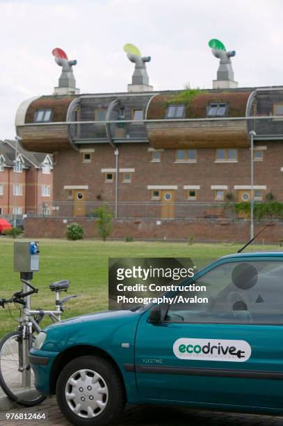 An electric car at Bedzed the UK's largest eco village Beddington London UK.