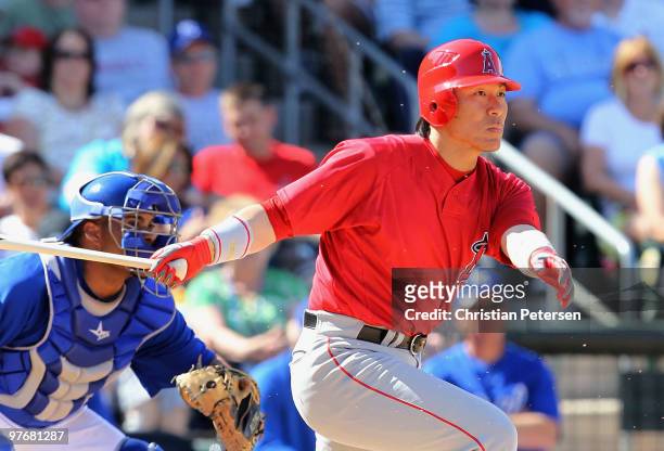 Hideki Matsui of the Los Angeles Angels of Anaheim bats against the Kansas City Royals during the MLB spring training game at Surprise Stadium on...