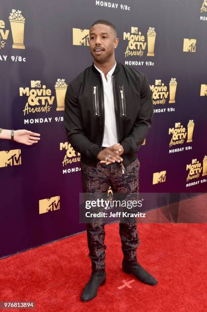 Actor Michael B. Jordan attends the 2018 MTV Movie And TV Awards at Barker Hangar on June 16, 2018 in Santa Monica, California.