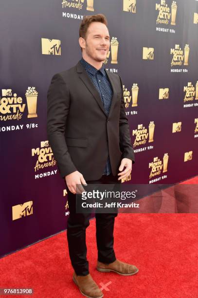 Actor Chris Patt attends the 2018 MTV Movie And TV Awards at Barker Hangar on June 16, 2018 in Santa Monica, California.