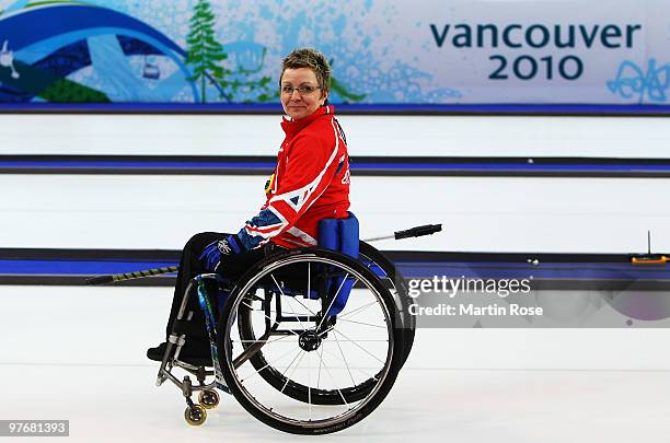 Angie Malone of Great Britain considers her next shot while competing during the Wheelchair Curling Round Robin game between Great Britain and Canada...