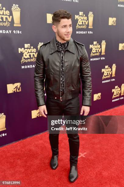 Singer-songwriter Nick Jonas attends the 2018 MTV Movie And TV Awards at Barker Hangar on June 16, 2018 in Santa Monica, California.