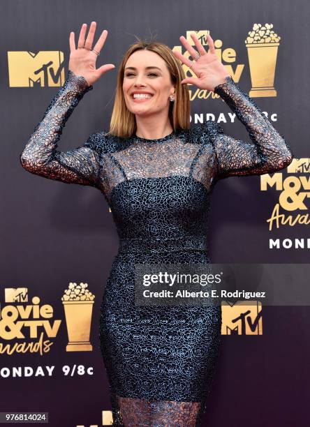 Actor Arielle Vandenberg attends the 2018 MTV Movie And TV Awards at Barker Hangar on June 16, 2018 in Santa Monica, California.