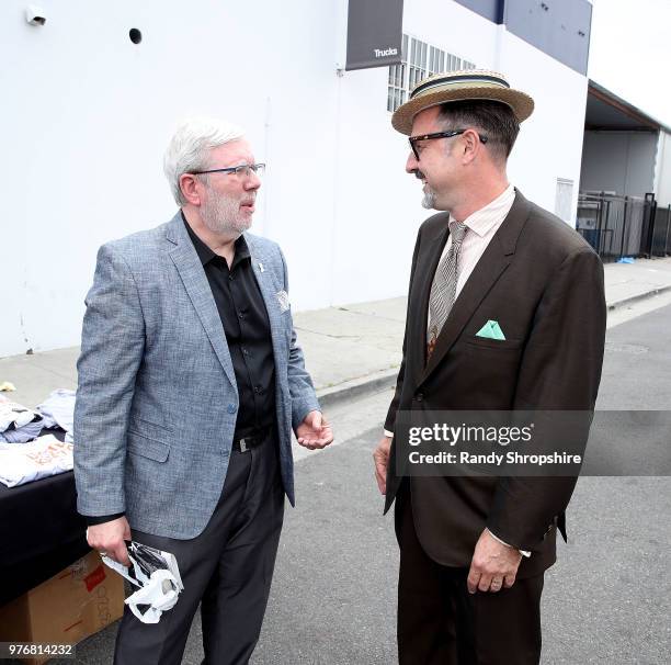 Leonard Maltin and actor David Arquette attend the city of Los Angeles declaration of "Buster Keaton Day" on June 16, 2018 in Los Angeles, California.