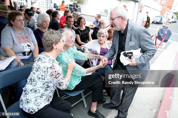 Melissa Talmadge Cox, Barbra Talmadge and Leonard Maltin attend the city of Los Angeles declaration of "Buster Keaton Day" on June 16, 2018 in Los...