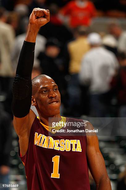 Forward Paul Carter of the Minnesota Golden Gophers celebrates after defeating the Purdue Boilermakers 69-42 in the semifinals of the Big Ten Men's...