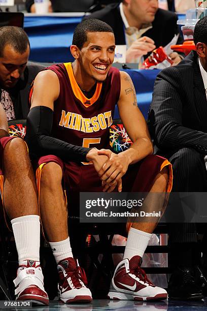 Guard Devoe Joseph of the Minnesota Golden Gophers reacts on the bench in the final moments of their 69-42 win over the Purdue Boilermakers in the...