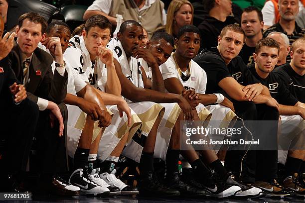 The bench of the Purdue Boilermakers watch in the final moments of their 69-42 loss to the Minnesota Golden Gophers in the semifinals of the Big Ten...
