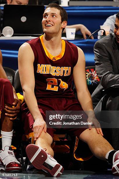 Guard Blake Hoffarber of the Minnesota Golden Gophers reacts in the final moments of their 69-42 win over the Purdue Boilermakers in the semifinals...