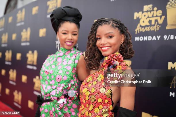 Singers Chloe Bailey and Halle Bailey attend the 2018 MTV Movie And TV Awards at Barker Hangar on June 16, 2018 in Santa Monica, California.