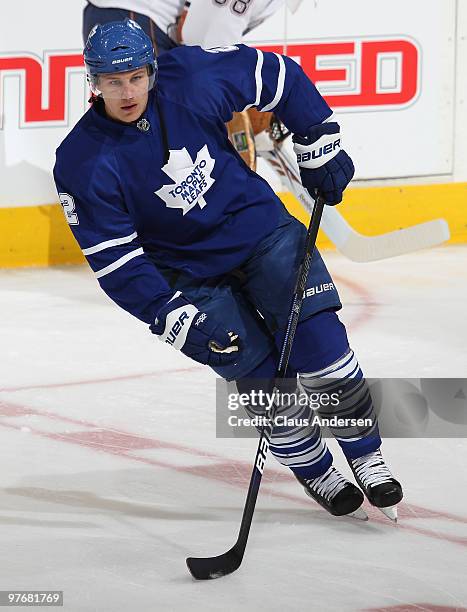 Luke Schenn of the Toronto Maple Leafs skates in the warm-up prior to a game against the Edmonton Oilers on March 13, 2010 at the Air Canada Centre...