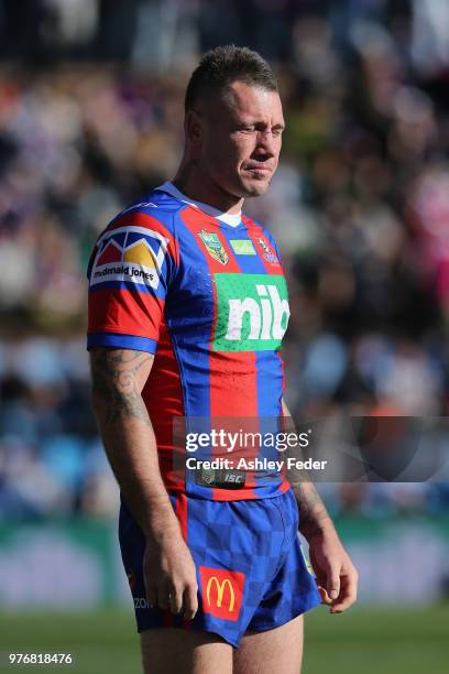 Shaun Kenny-Dowall of the Knights looks on during the round 15 NRL match between the Newcastle Knights and the Melbourne Storm at McDonald Jones...