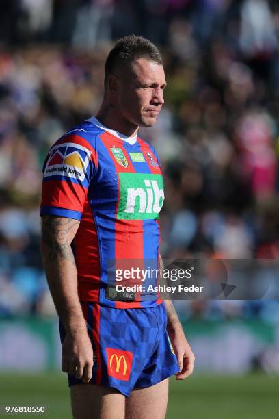 Shaun Kenny-Dowall of the Knights looks on during the round 15 NRL match between the Newcastle Knights and the Melbourne Storm at McDonald Jones...