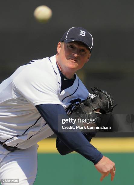 Jeremy Bonderman of the Detroit Tigers pitches against the New York Yankees during a spring training game at Joker Marchant Stadium on March 13, 2010...