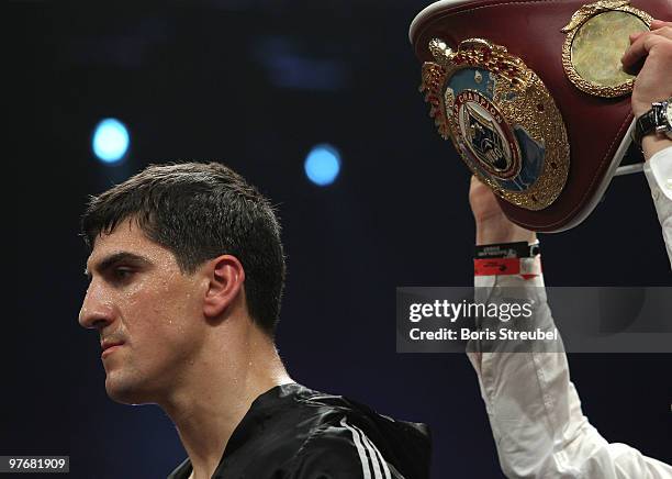 Marco Huck of Germany looks on prior to the WBO World Championship Cruiserweight title fight against Adam Richards of the U.S. At the...