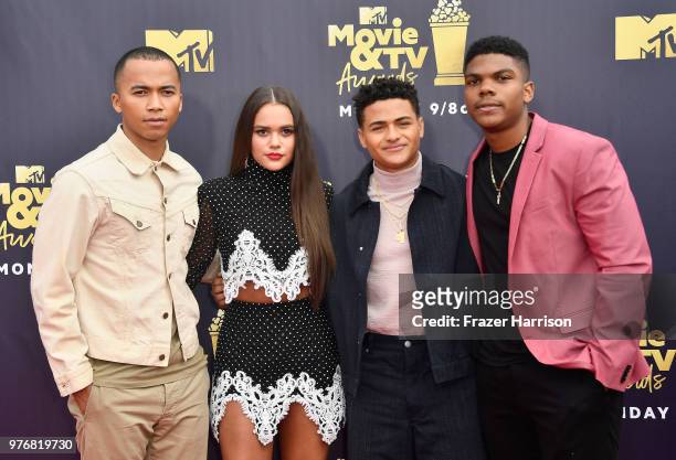 Actors Raymond Cham Jr, Nate Potvin, Madison Pettis, and Spence Moore II attends the 2018 MTV Movie And TV Awards at Barker Hangar on June 16, 2018...