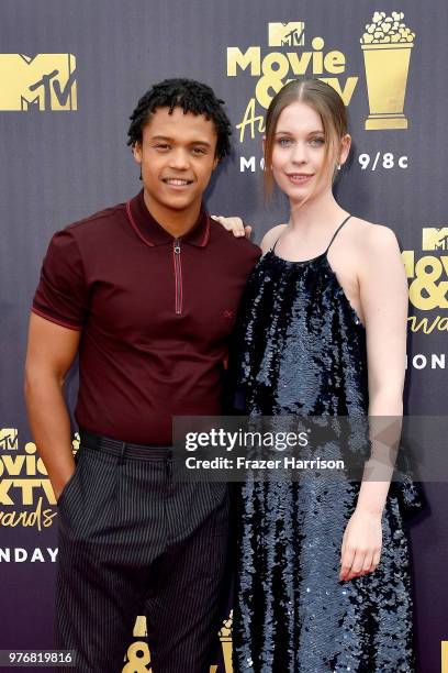 Percelle Ascott and Sorcha Groundsell attend the 2018 MTV Movie And TV Awards at Barker Hangar on June 16, 2018 in Santa Monica, California.