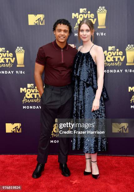 Percelle Ascott and Sorcha Groundsell attend the 2018 MTV Movie And TV Awards at Barker Hangar on June 16, 2018 in Santa Monica, California.