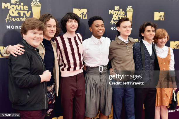 Actors Jeremy Ray Taylor, Wyatt Oleff, Finn Wolfhard, Chosen Jacobs, Jaeden Lieberher, Jack Dylan Grazer, and Sophia Lillis attend the 2018 MTV Movie...