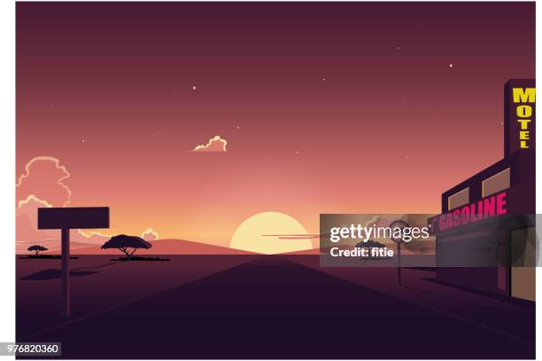 ilustraciones, imágenes clip art, dibujos animados e iconos de stock de paisaje de la carretera con motel y gasolina de la estación, del desierto al atardecer - punto de vista