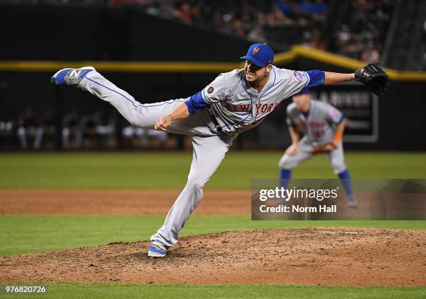 Anthony Swarzak of the New York Mets delivers a ninth inning pitch against the Arizona Diamondbacks at Chase Field on June 16, 2018 in Phoenix,...