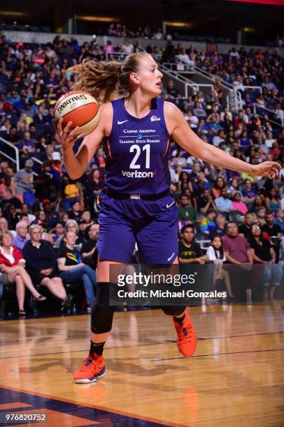 Marie Gulich of the Phoenix Mercury handles the ball against the Connecticut Sun on June 16, 2018 at Talking Stick Resort Arena in Phoenix, Arizona....