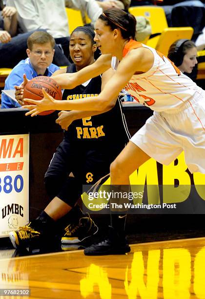 Gwynn Park's Bianca Miller and Fallston's Jess Harlee chased a loose ball in the 2A championship game at UMBC's RAC Arena on March 13, 2010 in...