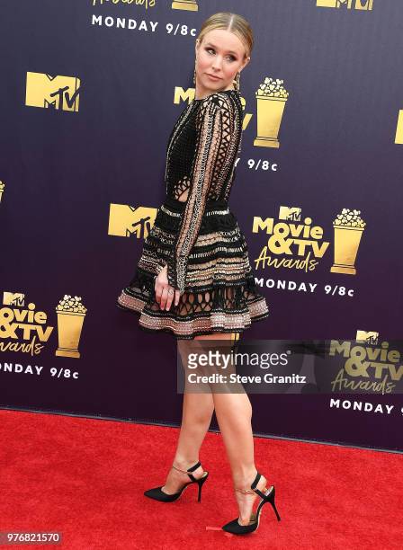 Kristen Bell arrives at the 2018 MTV Movie And TV Awards at Barker Hangar on June 16, 2018 in Santa Monica, California.
