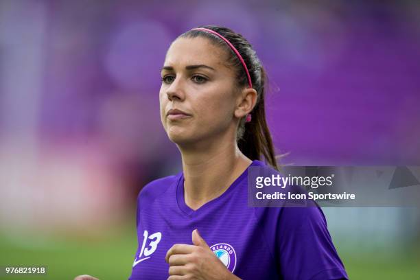 Orlando Pride forward Alex Morgan warms up before the soccer match between The Orlando Pride and Sky Blue FC on June 16, 2018 at Orlando City Stadium...