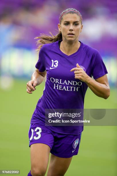 Orlando Pride forward Alex Morgan warms up before the soccer match between The Orlando Pride and Sky Blue FC on June 16, 2018 at Orlando City Stadium...