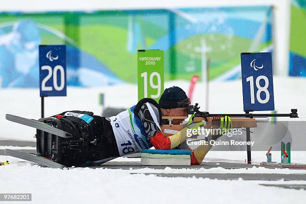 Andrea Eskau of Germany shoots during the Women's 2.4km Pursuit Sitting Biathlon on Day 2 of the 2010 Vancouver Winter Paralympics at Whistler...