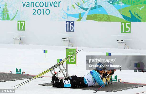 Olena Iurkovska of the Ukraine shoots during the Women's 2.4km Pursuit Sitting Biathlon on Day 2 of the 2010 Vancouver Winter Paralympics at Whistler...