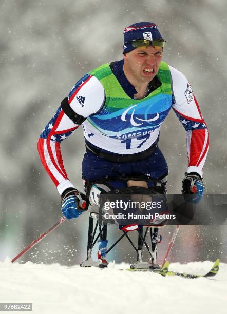 Andy Soule of the USA competes during the Men's 2.4km Pursuit Sitting Biathlon on Day 2 of the 2010 Vancouver Winter Paralympics at Whistler...