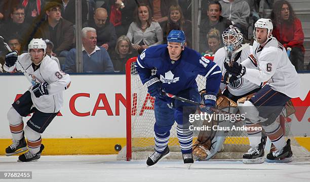 Wayne Primeau of the Toronto Maple Leafs chases after the puck in a game against the Edmonton Oilers on March 13, 2010 at the Air Canada Centre in...