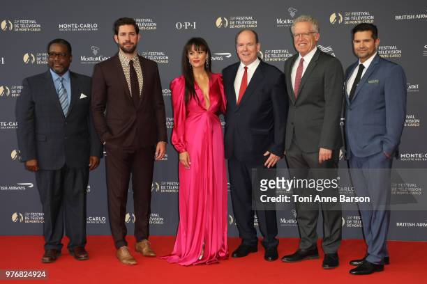 Wendell Pierce, John Krasinski, Dina Shihabi, HSH Prince Albert II of Monaco, Carlton Cuse and Graham Roland attend the opening ceremony of the 58th...
