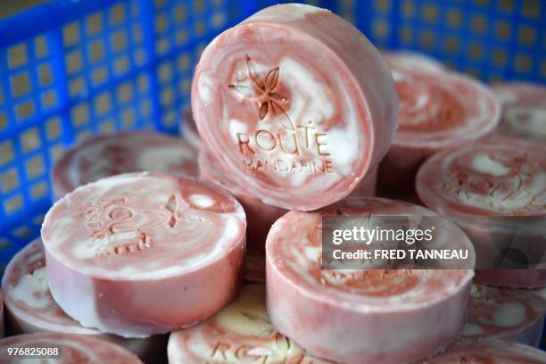 Handmade soaps produced by Tiphaine Chalaron for her label 'Route Mandarine' are pictured at her workshop in Porpoder, western France, on June 6,...