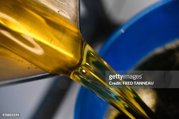 Oil is used to produce handmade soaps by Tiphaine Chalaron for her label 'Route Mandarine' at her workshop in Porpoder, western France, on June 6,...