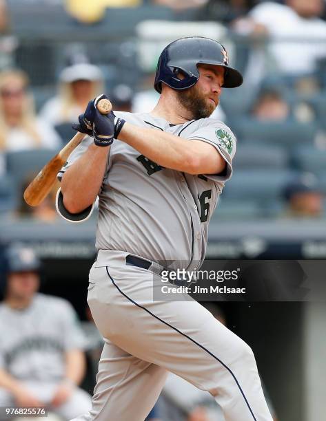 Brian McCann of the Houston Astros in action against the New York Yankees at Yankee Stadium on May 28, 2018 in the Bronx borough of New York City....