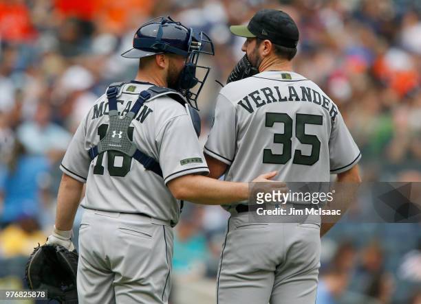 Brian McCann and Justin Verlander of the Houston Astros in action against the New York Yankees at Yankee Stadium on May 28, 2018 in the Bronx borough...