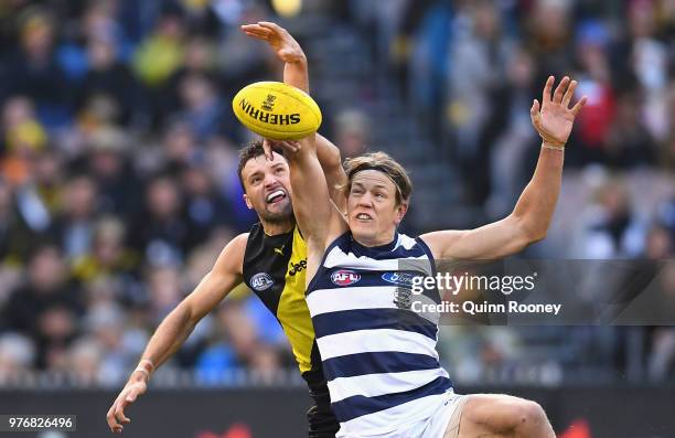 Toby Nankervis of the Tigers and Rhys Stanley of the Cats compete in the ruck during the round 13 AFL match between the Geelong Cats and the Richmond...