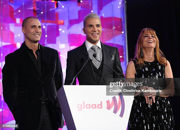 Nigel Barker, Jay Manuel, and Jill Zarin speak onstage at the 21st Annual GLAAD Media Awards at The New York Marriott Marquis on March 13, 2010 in...