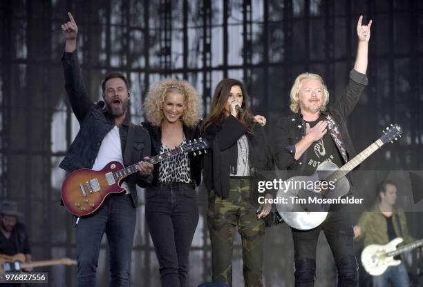 Jimi Westbrook, Kimberly Schlapman, Karen Fairchild, and Phillip Sweet of Little Big Town perform during the 2018 Country Summer Music Festival at...