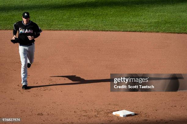 Brad Ziegler of the Miami Marlins enters the game against the Baltimore Orioles during the seventh inning at Oriole Park at Camden Yards on June 16,...