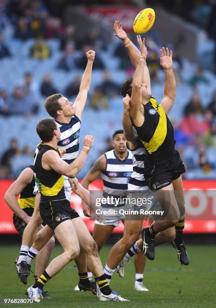 Toby Nankervis of the Tigers attempts to mark during the round 13 AFL match between the Geelong Cats and the Richmond Tigers at Melbourne Cricket...