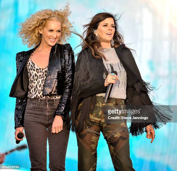 Singers Kimberly Schlapman and Karen Fairchild of Little Big Town perform on Day 2 of Country Summer Music Festival at Sonoma County Fairgrounds on...