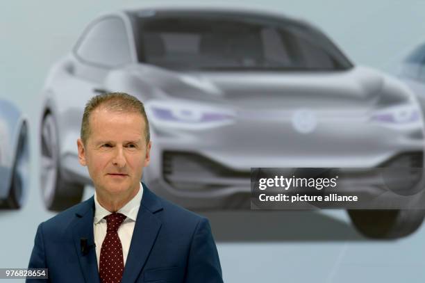 April 2018, Germany, Wolfsburg: New CEO of Volkswagen Herbert Diess giving a press conference on the day after Volkswagen's board meeting. The...