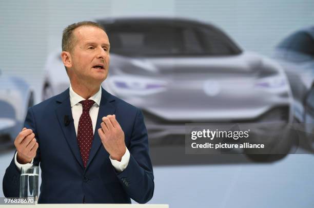 April 2018, Germany, Wolfsburg: New CEO of Volkswagen Herbert Diess giving a press conference on the day after Volkswagen's board meeting. The...