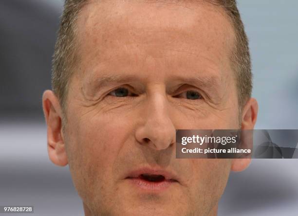 April 2018, Germany, Wolfsburg: New CEO of Volkswagen Herbert Diess giving a press conference on the day after Volkswagen's board meeting. The...