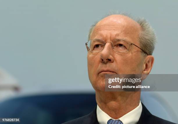 April 2018, Germany, Wolfsburg: Chairman of the governing body Hans Dieter Poetsch giving a press conference on the day after Volkswagen's board...